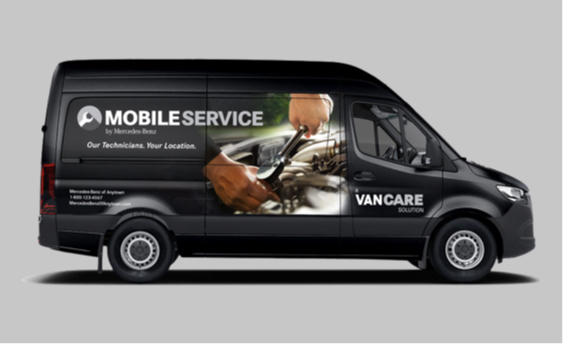 Image of Mobile Service by Mercedes-Benz van with official markings.