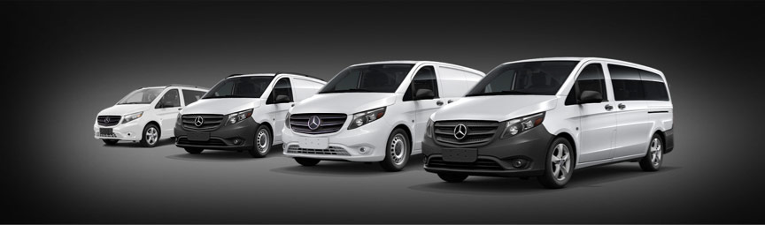 Four different models of Metris vans on a dark background.